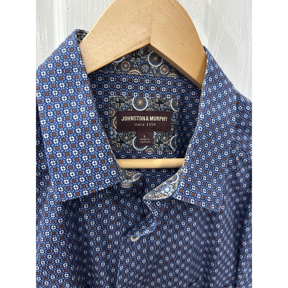 Johnston & Murphy Button Down Blue Geometric Medallion Print Cotton Shirt Mens L